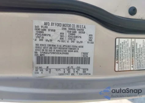 2003 Ford Explorer Nbx/Xlt из США, поврежденный, VIN 1FMZU73W33ZA59088